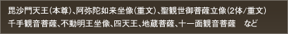 毘沙門天王（本尊）、阿弥陀如来坐像（重文）、聖観世御菩薩立像（2体/重文） 千手観音菩薩、不動明王坐像、四天王、地蔵菩薩、十一面観音菩薩　など