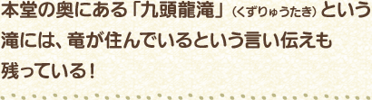本堂の奥にある「九頭龍滝」（くずりゅうたき）という滝には、竜が住んでいるという言い伝えも残っている！